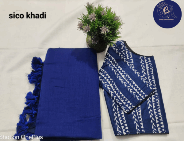 Pure Cotton Sico Khadi Saree with Bagru Handprinted Blouse