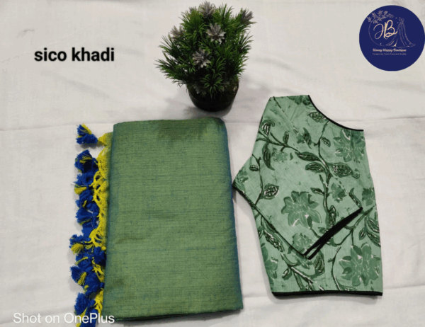 Pure Cotton Sico Khadi Saree with Ajrakh Handprinted Blouse
