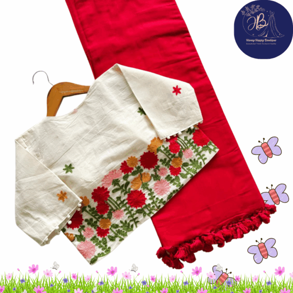 🌿 Pure Khadi Red & Yellow Saree with Embroidered Blouse ✨ Pompom Sleeves