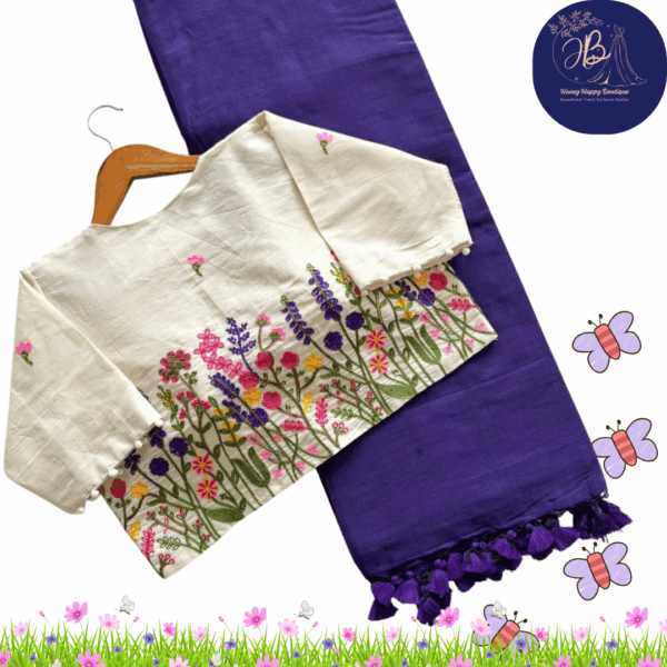 🌿 Pure Khadi Purple Saree with Embroidered Blouse ✨ Pompom Sleeves