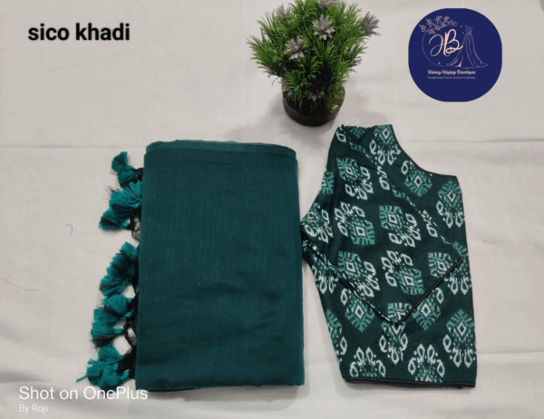 Pure Cotton Sico Khadi Saree with Ikkath Handprinted Blouse