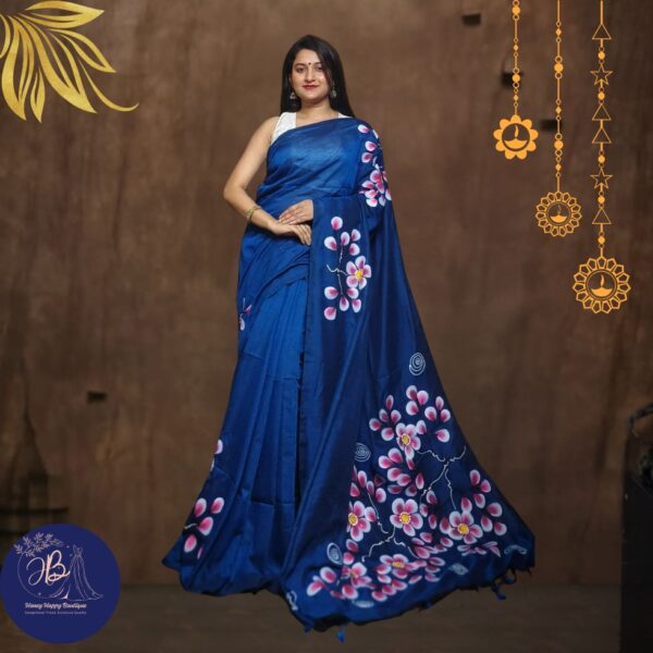 Hand-Painted Khadi Cotton Krishna Blue Sarees with Blouse Piece – Premium Quality at Special Price